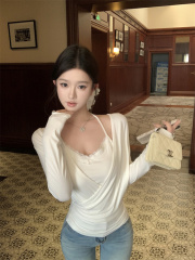 實拍 純欲大領口V領收腰長袖上衣蕾絲掛脖吊帶套裝