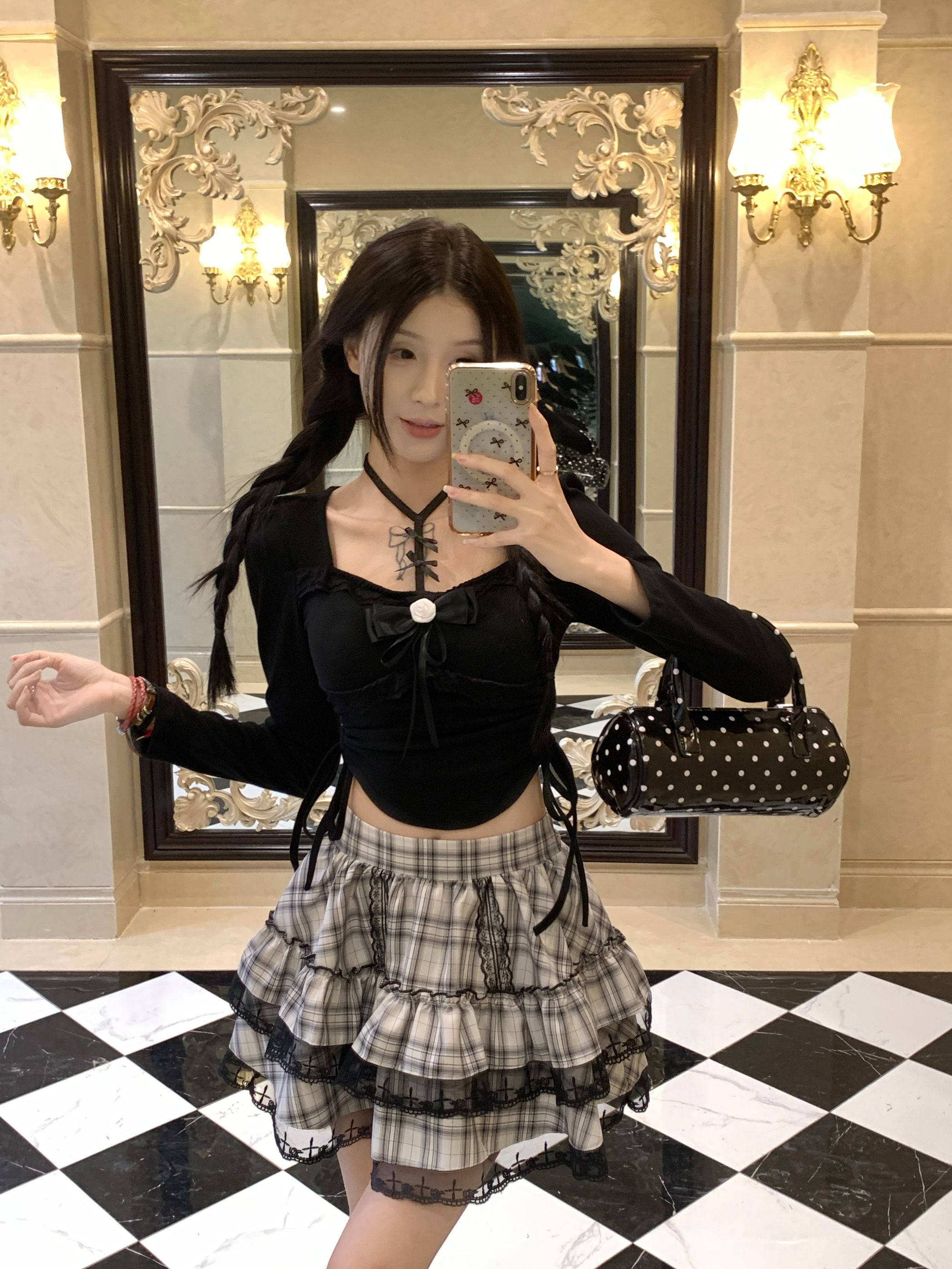 Real photo of sweet bow long sleeve splicing lace halter neck slim body dress plaid skirt cake two-piece set