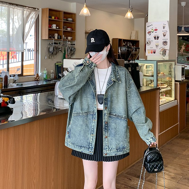 Real shot~Retro denim jacket for women in spring new Korean style lazy style loose casual jacket short top