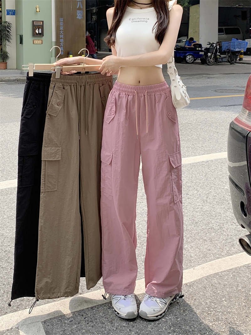 Real shot of pink straight-leg narrow version wide-leg work pants American slim casual sports quick-drying pants for women