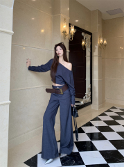 Actual shoot, temperament outfit, one-piece high-end retro shoulder-bladed top, versatile wide-leg pants