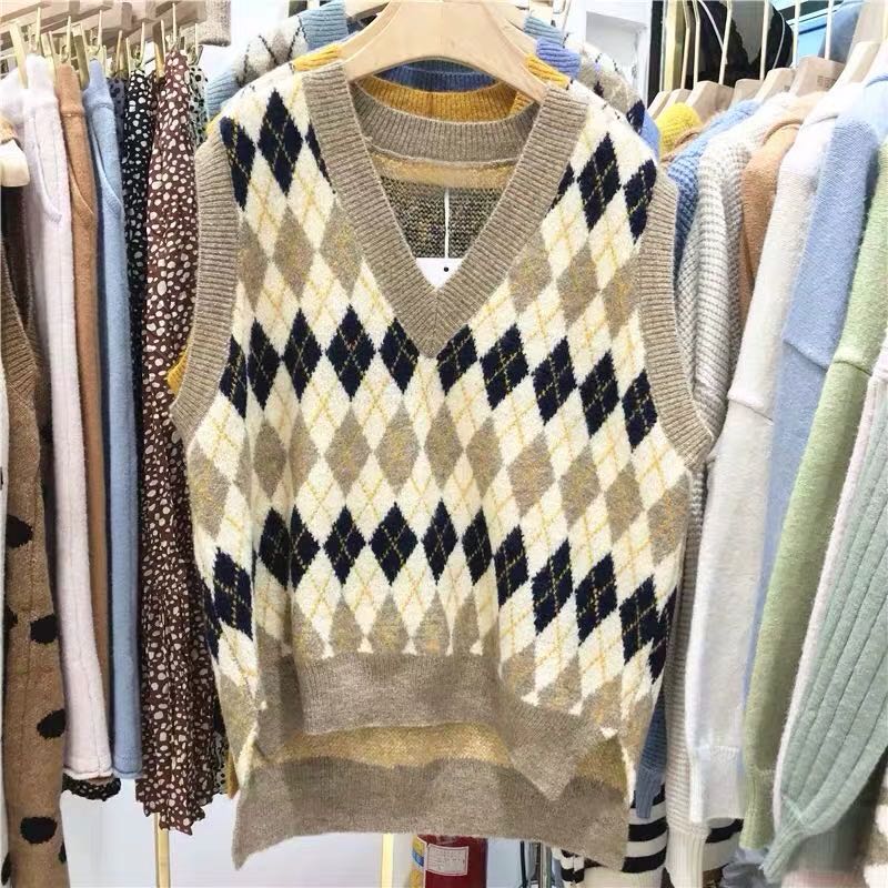 Korean style loose outer wear diamond sleeveless V-neck knitted sweater vest vest for women