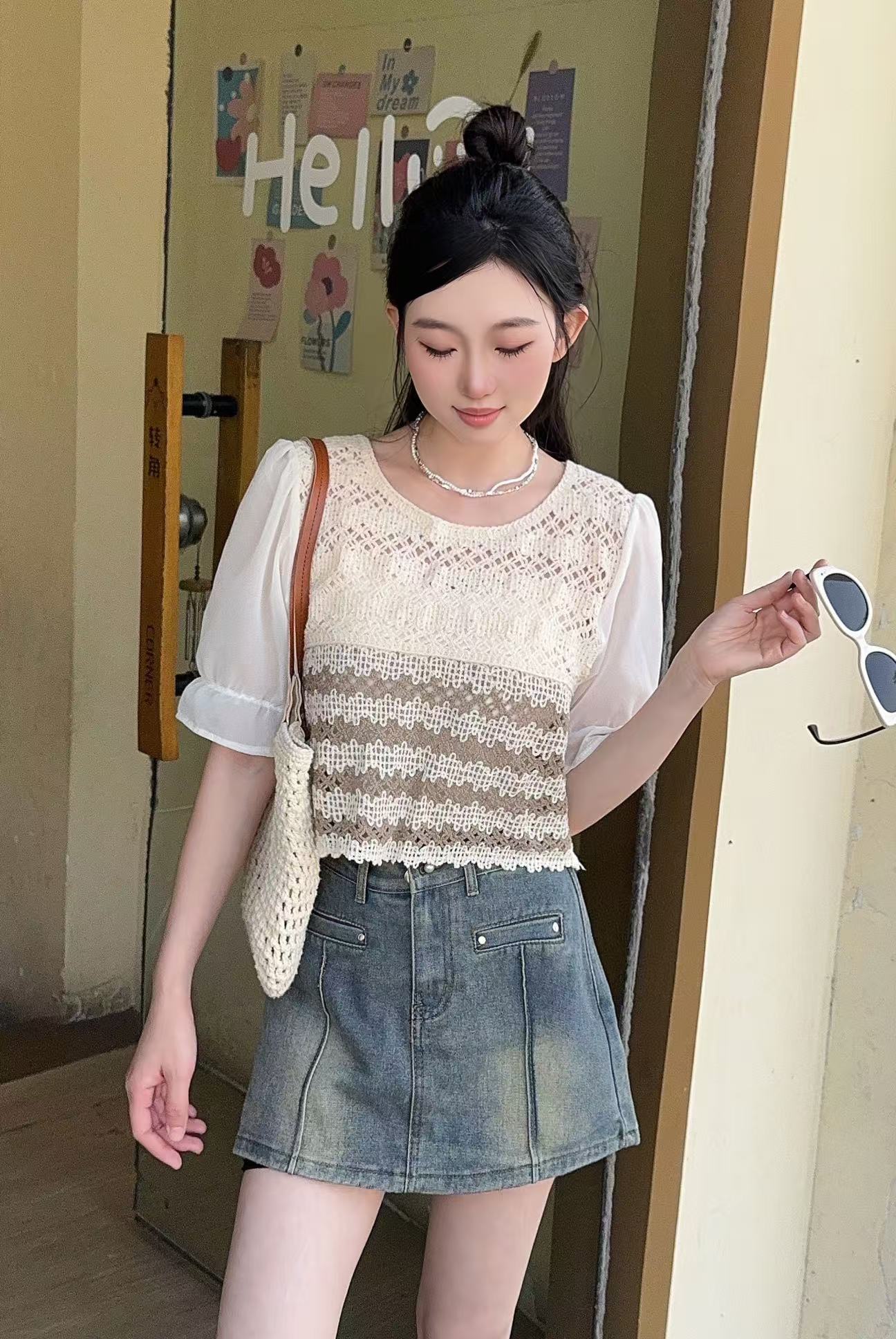 French retro hollow hook flower short-sleeved knitted top for women 2025 summer new small fresh spliced ​​chiffon shirt