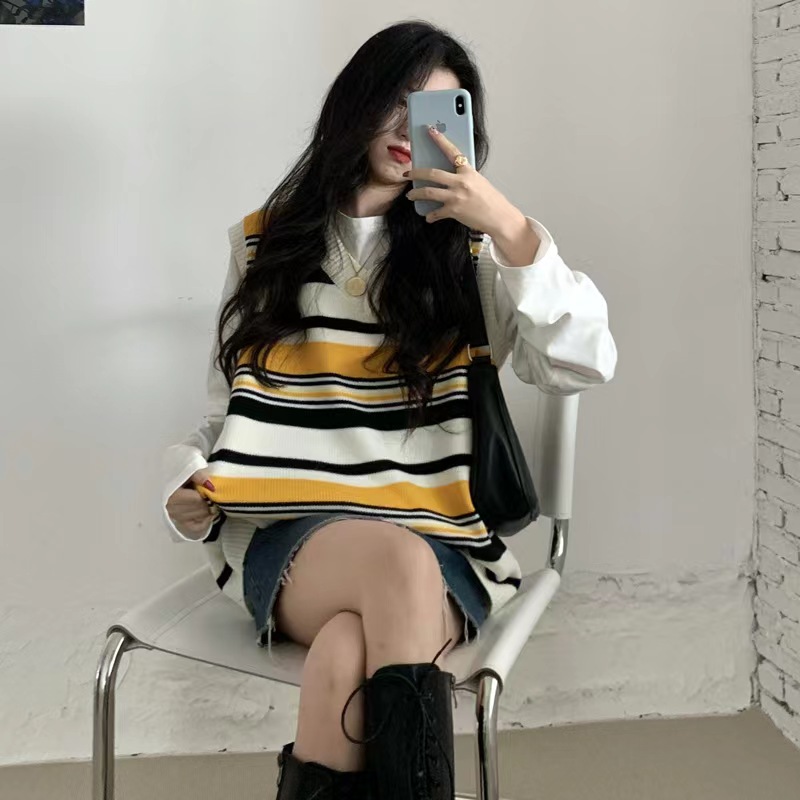 Autumn contrasting color V-neck striped sweater Korean style loose sleeveless vest vest sweater
