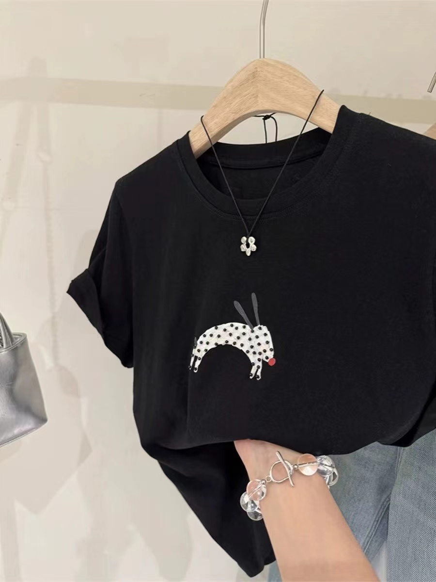 2025 200g Combed and tightly scattered pure cotton backpack strips, spring and summer loose shoulder printed short-sleeved T-shirt