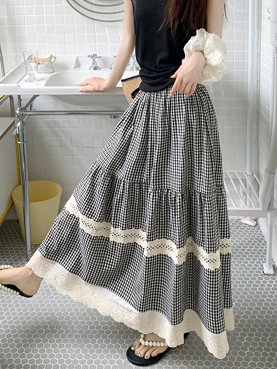 Real shot Korean retro versatile elastic waist ruffle plaid splicing half skirt long style 2025 new model 