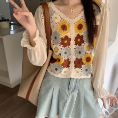 Spring new sweet hook flower hollow design sense college style shirt women's chic small short knitted sweater