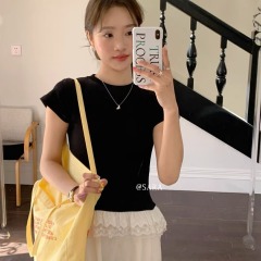 夏裝大碼女裝純欲下擺蕾絲拼接短袖t恤修身顯瘦上衣M-4XL200斤