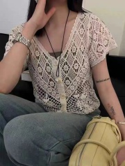 New summer European-style socialite suspender beautiful back hook flower hollow short-sleeved women's lace shirt top