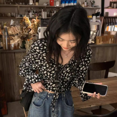 European and American bubble short French European and American style design long-sleeved floral spring and summer square neck hot girl sexy new thin style