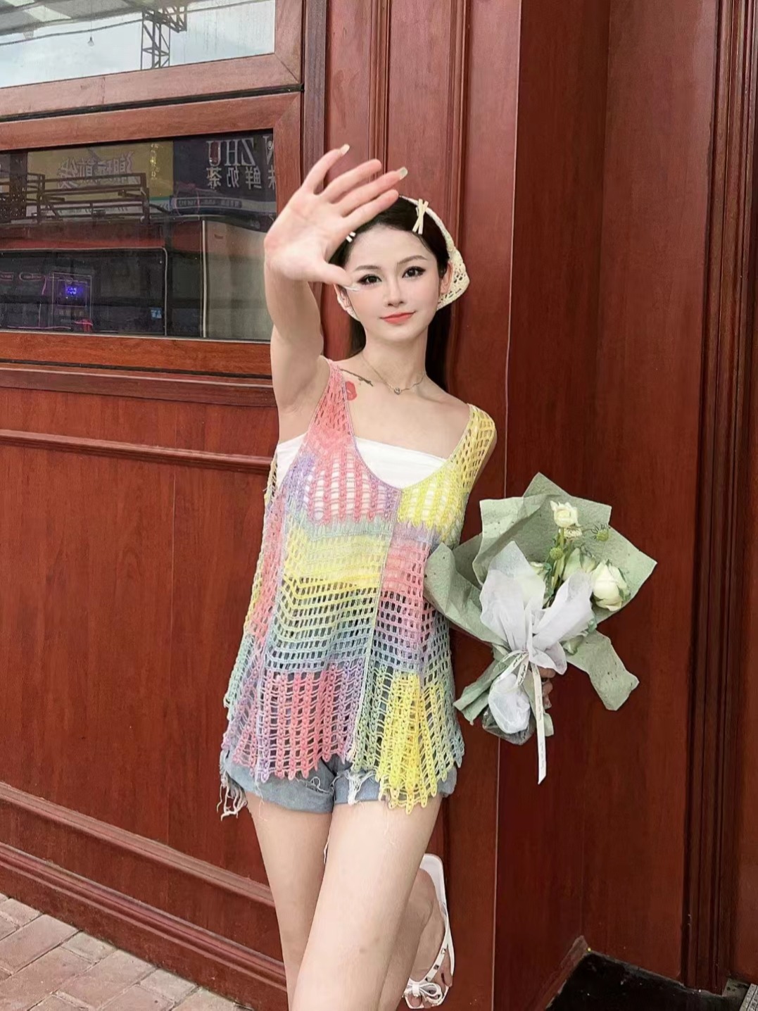 New summer retro hollow color gradient design sleeveless vest vest top