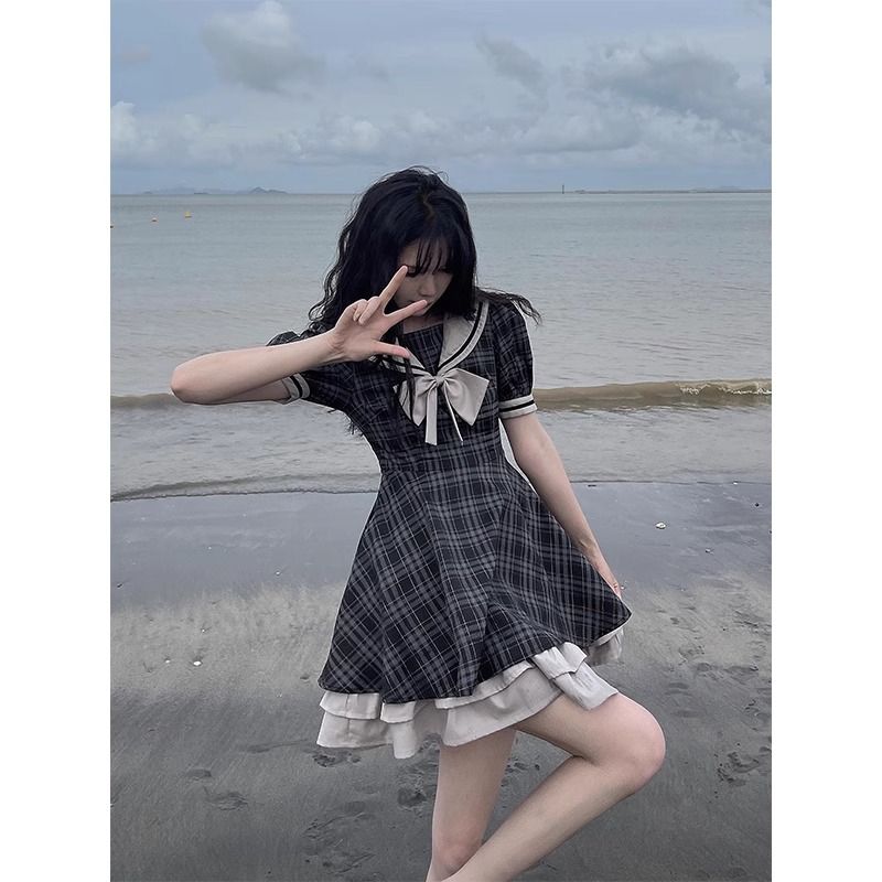 學院風連衣裙夏季新款女裝網紅海軍領港味復古chic甜辣風炸街裙子