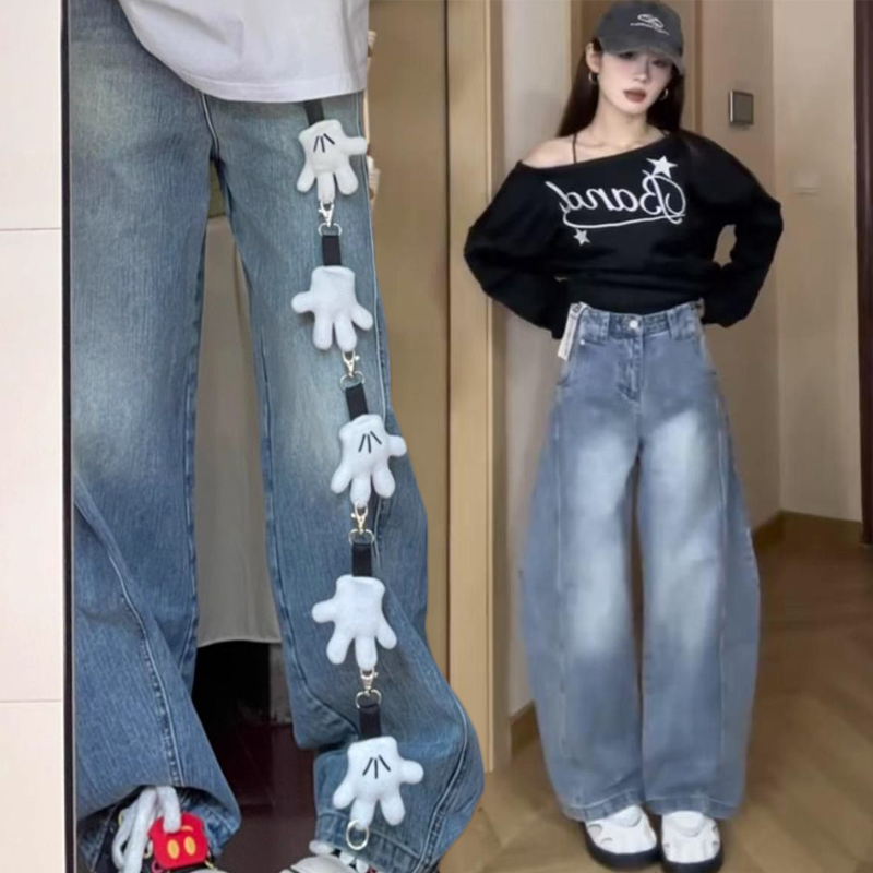 American style work pants loose scimitar jeans men and women retro washing wide-leg new casual trousers