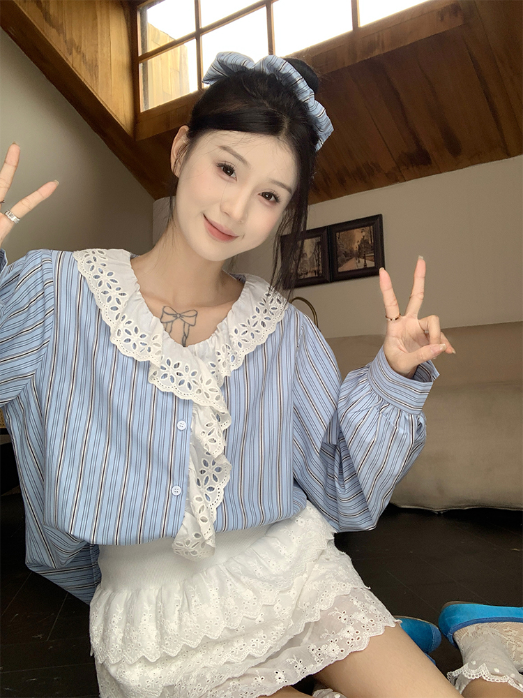 實拍 韓chic春夏簡約花邊領小清新條紋襯衫送發圈