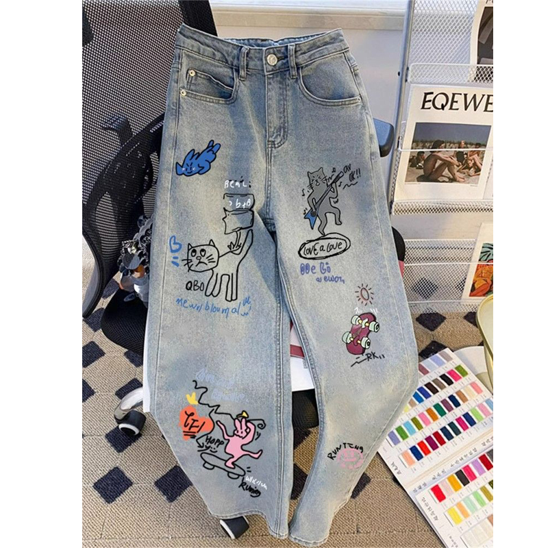 Sweet and cool design graffiti printed high-waisted jeans for women in spring and summer street retro lazy loose casual trousers trendy