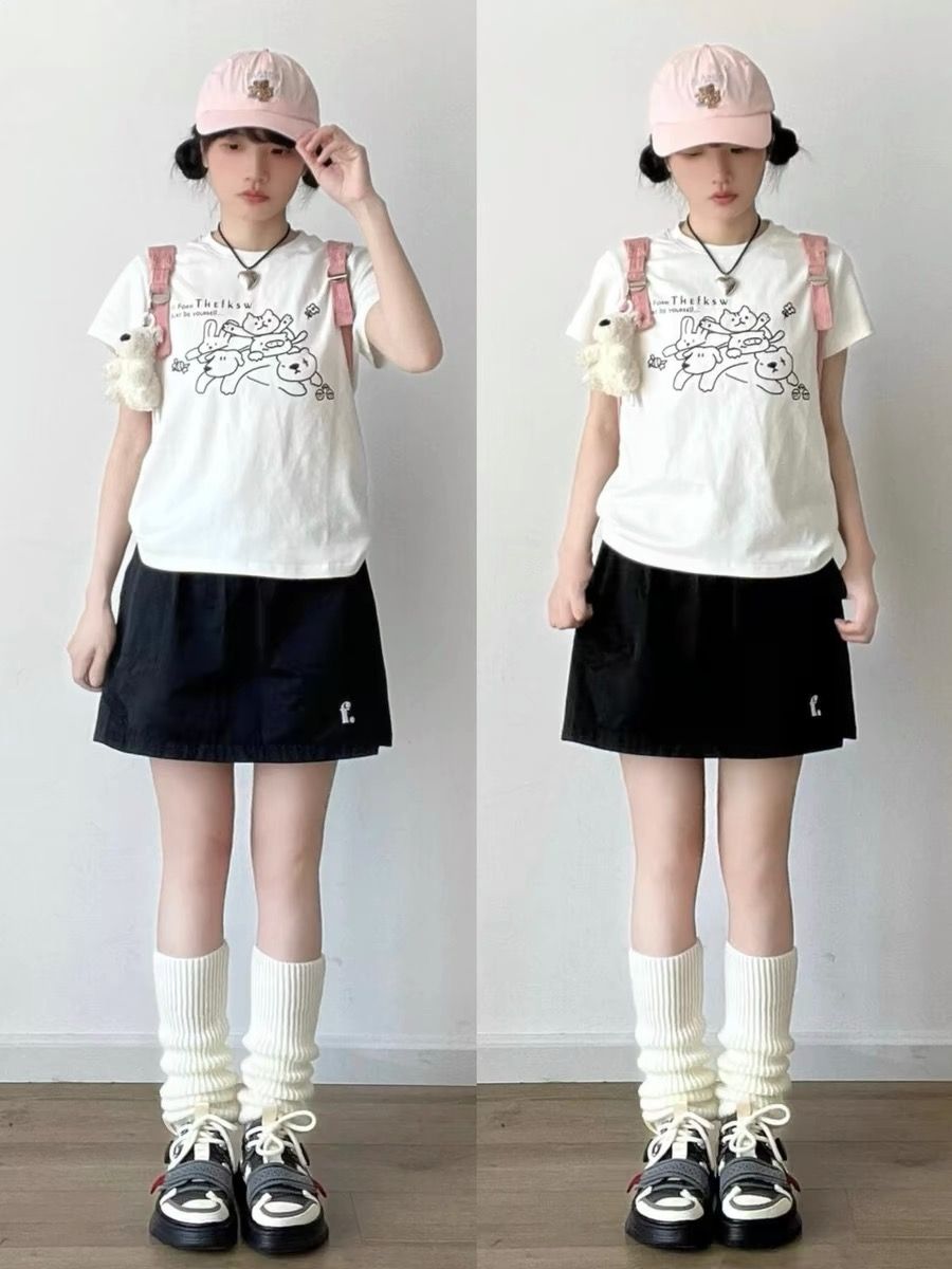 2025 printed front shoulder short-sleeved T-shirt for women in summer new niche American pure cotton slim T-shirt top