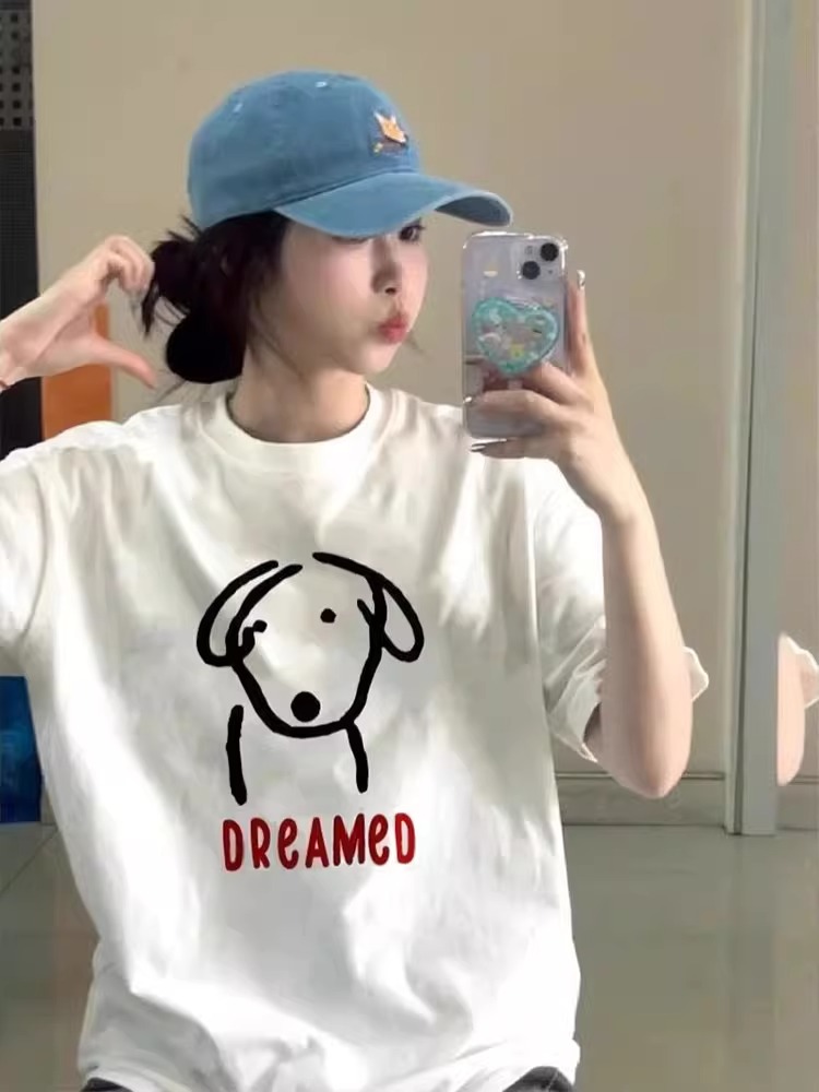 200g combed and tight-fitting sprinkler, pure cotton backpack, spring and summer loose shoulder printed short-sleeved T-shirt
