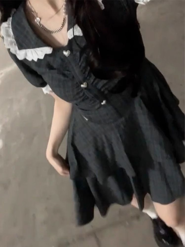 茶歇法式不規則格子連衣裙女夏季2025新款甜辣收腰公主蛋糕短裙子