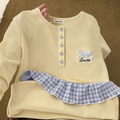 格紋拼接假兩件綁帶長袖T恤女春季設計感修身收腰上衣