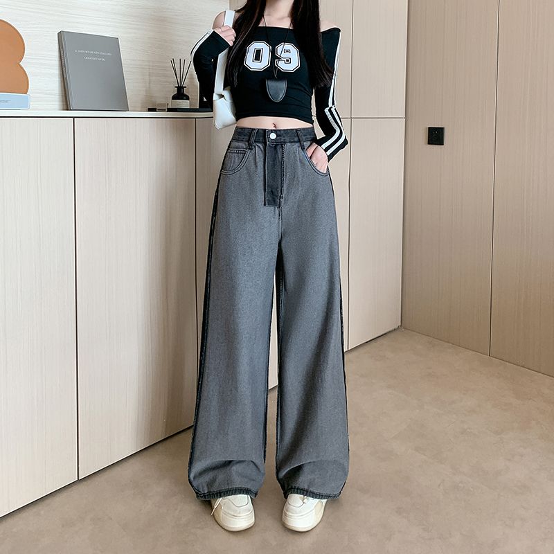 Real shot~Retro design side stripe color-blocking wide-leg jeans for women's new loose straight floor trousers