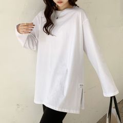 韓版長袖T恤女裝中長款白色打底衫寬鬆春秋上衣