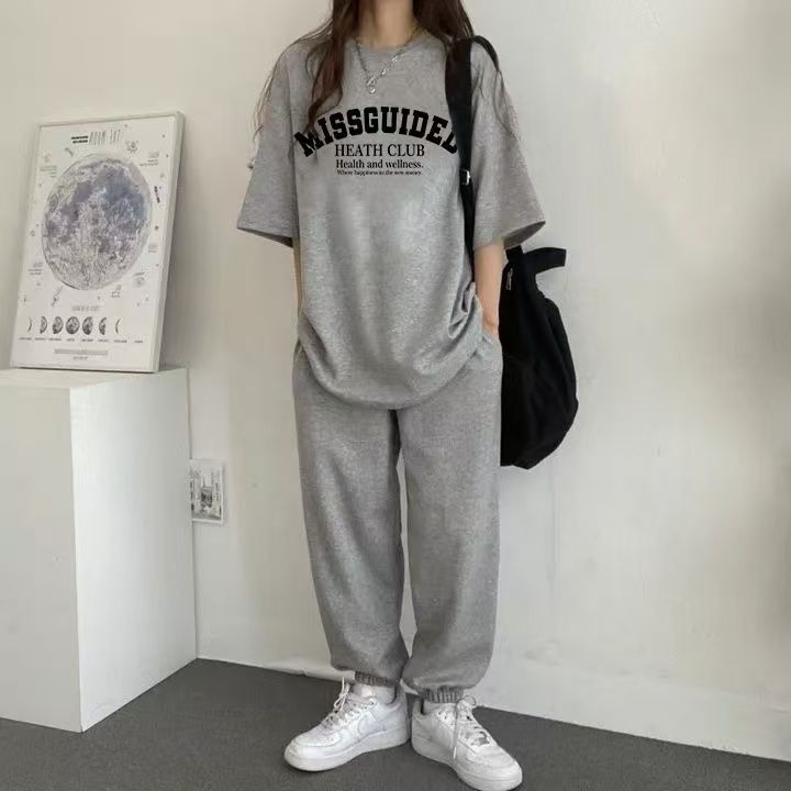 純色多款潮牌女裝套裝兩件韓版圓領短袖長褲兩件套2025新款夏季