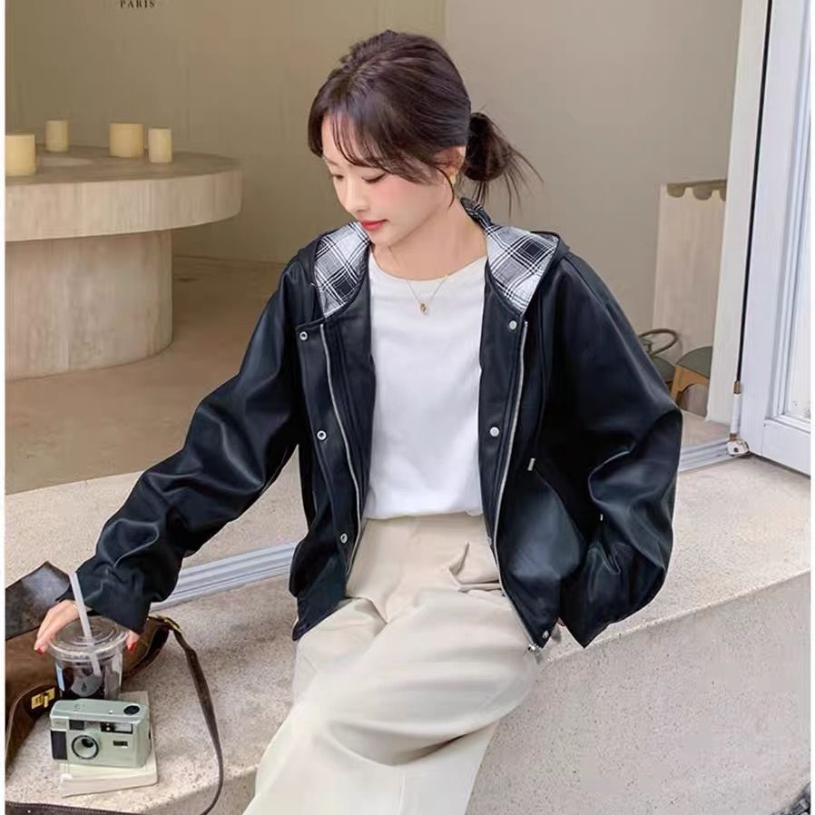 2025 New Black Hooded Leather Jacket Spring Loose Short Protein Leather Biker Jacket Top