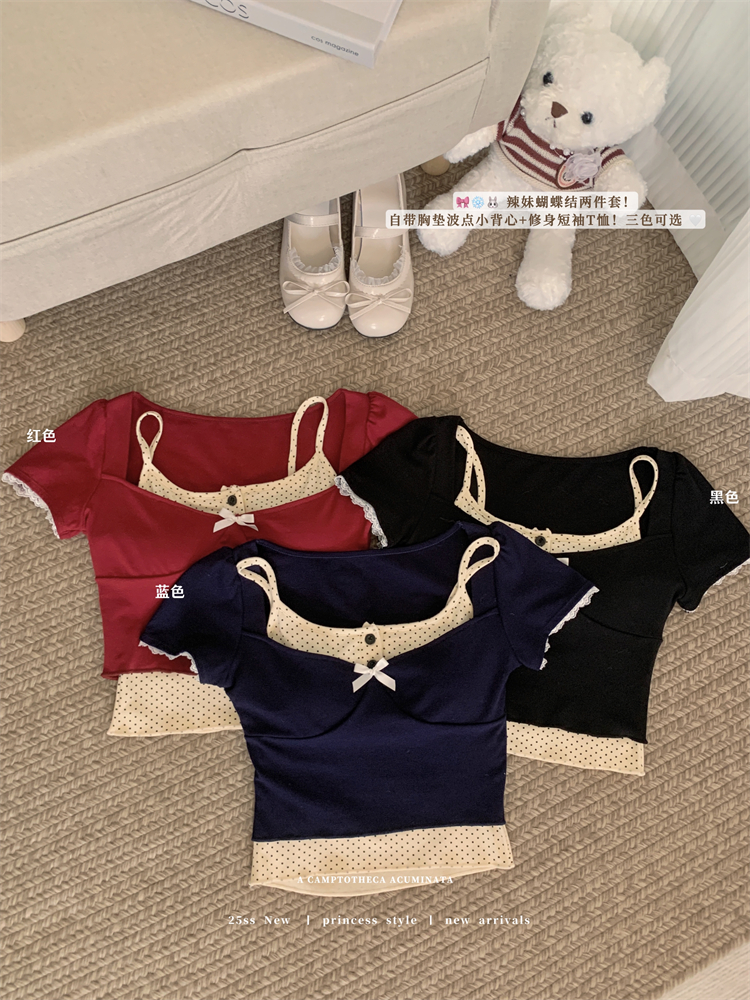 Real photo of 25 years polka dot suspender with chest pad bow short-sleeved T-shirt top two-piece set
