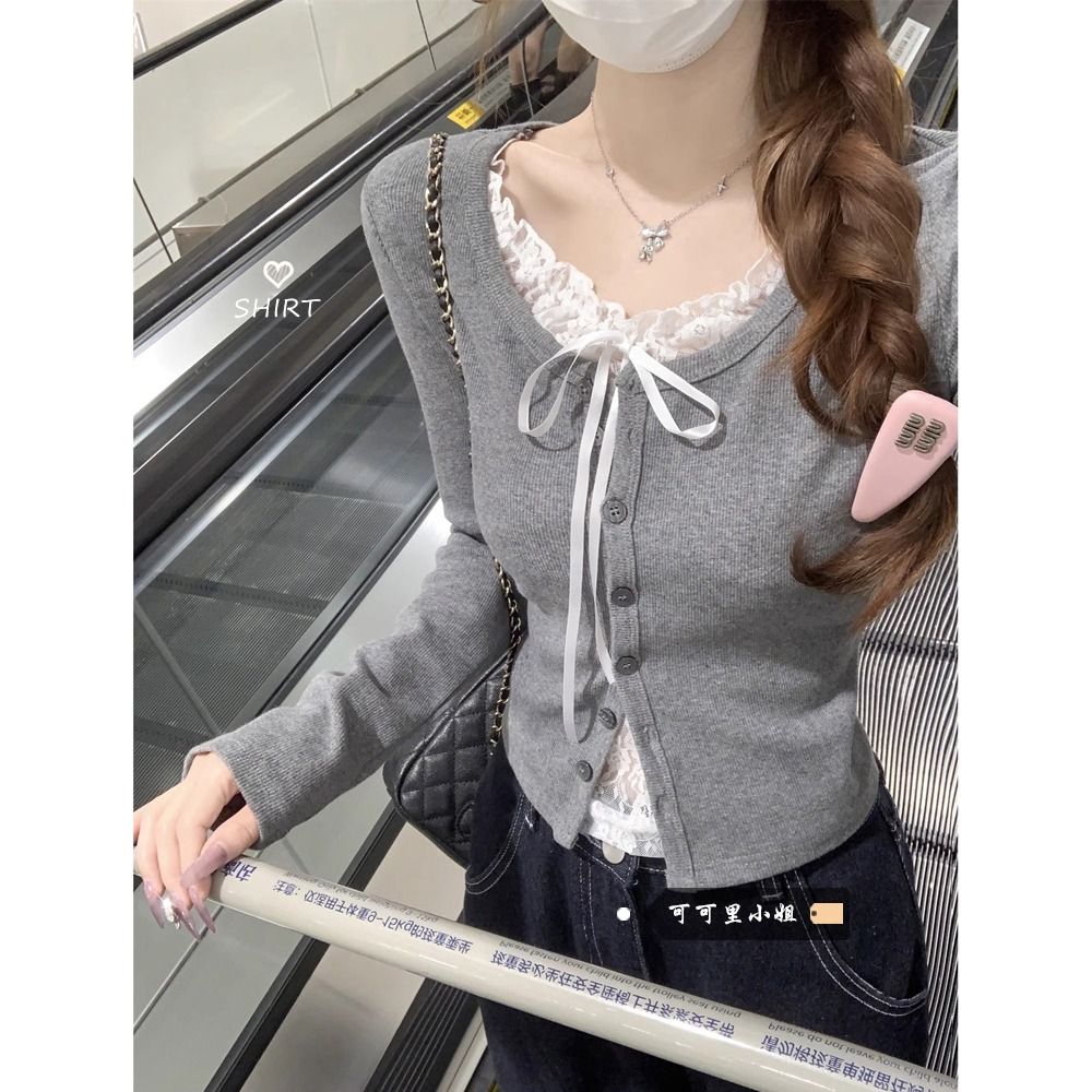 Original Korean pure fake two-piece long-sleeved T-shirt base shirt for women spliced ​​lace short top
