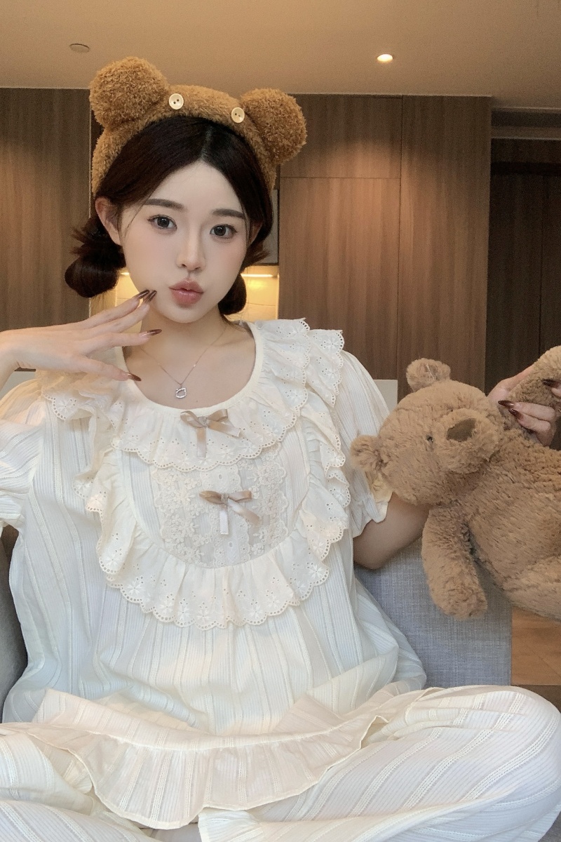 實拍韓版甜美公主風夏季短袖全棉提花短袖短褲短袖長褲家居服