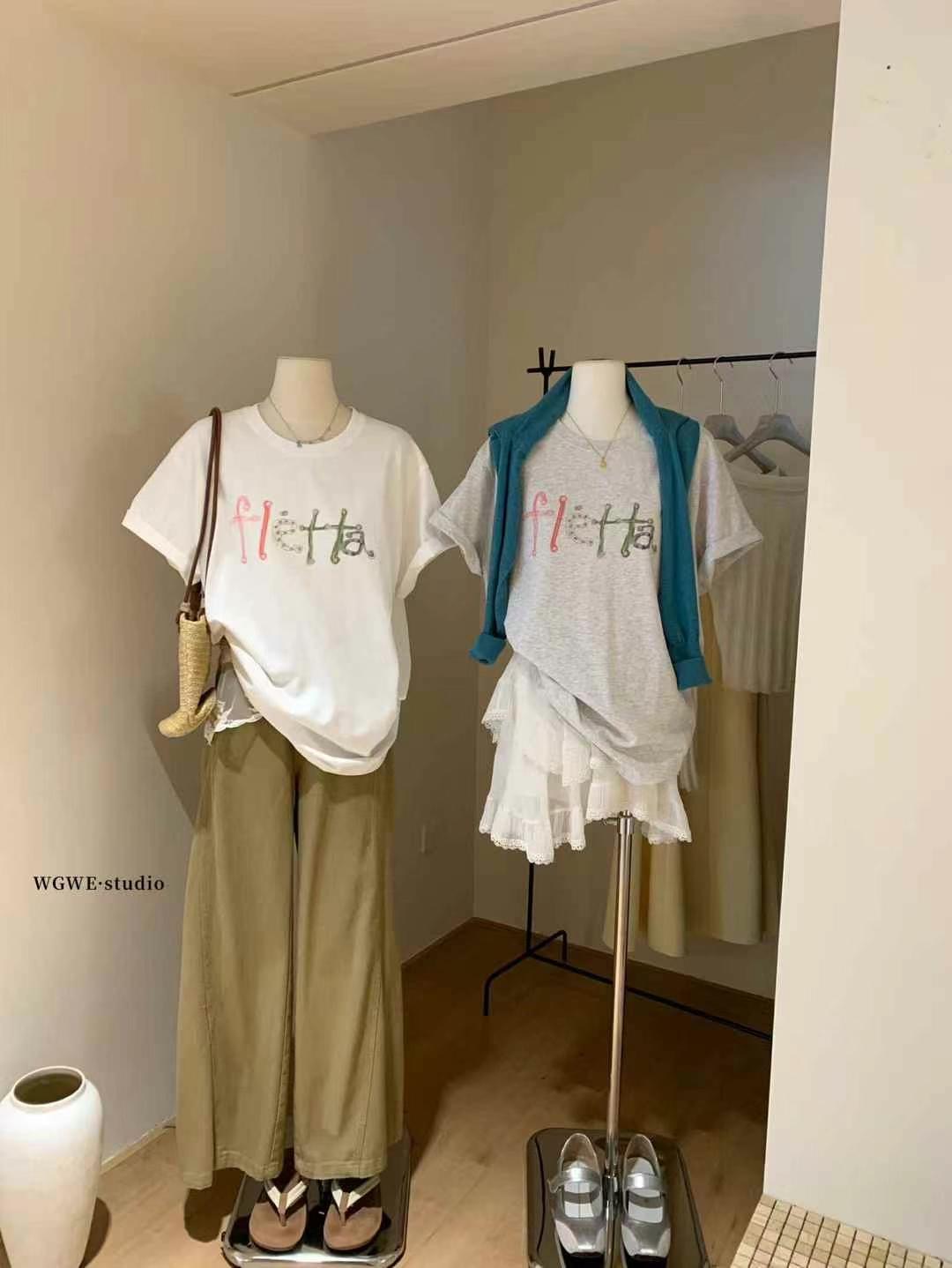 200g combed and tight spun in 2025, pure cotton back bag strip, spring and summer loose shoulder printed short-sleeved T-shirt