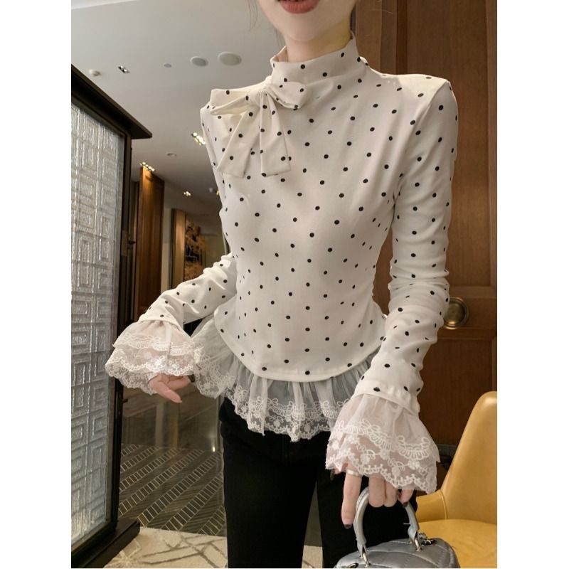 Modal cotton polka dot thigh neck T-shirt for women's spring base shirt lace lace short top