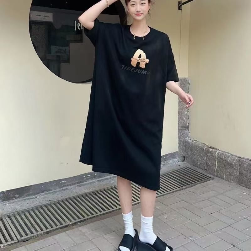 Korean-American Retro Dongdaemun T-shirt Dress Loose High Slit Medium-Length Skirt