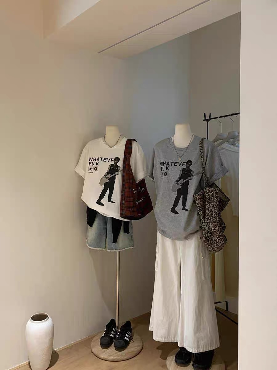 200g combed and tight-fitting sprinkler, pure cotton backpack, spring and summer loose shoulder printed short-sleeved T-shirt