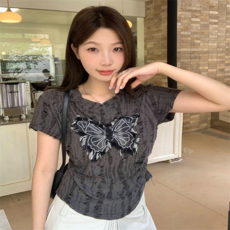Heavy Industry Butterfly Applied Short Sleeve T-shirt for Women 2025 Summer New Design Style Fashion Slim Niche Ripped Top