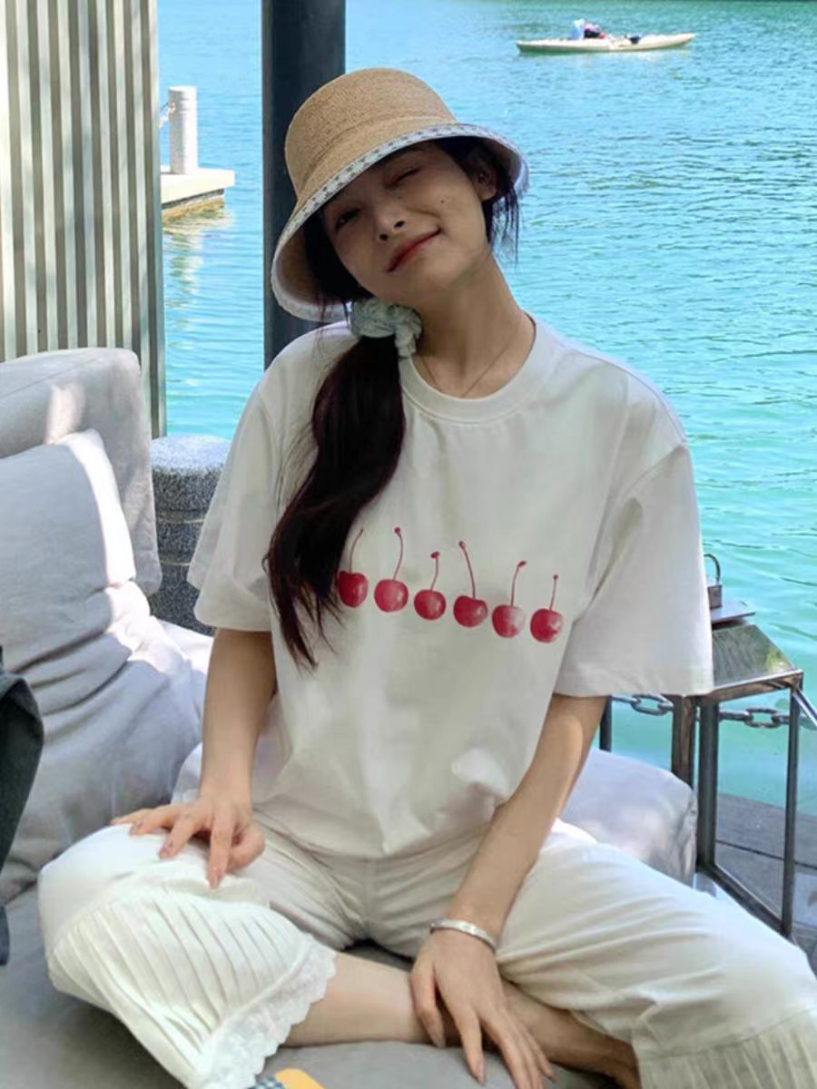 200g combed and tight-fitting sprinkler, pure cotton backpack, spring and summer loose shoulder printed short-sleeved T-shirt