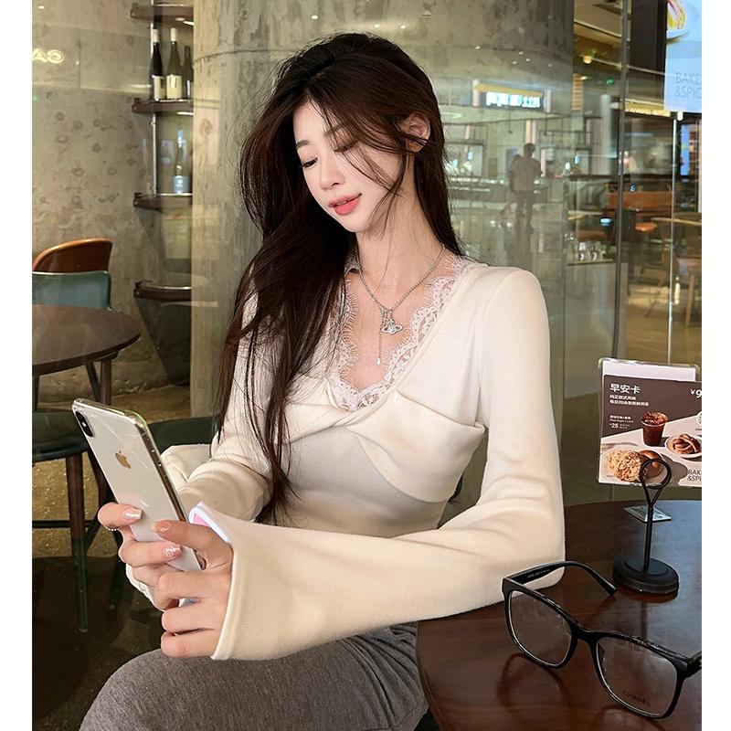 White pure lace v-neck long-sleeved T-shirt for women in spring and summer kink irregular slim short base shirt top