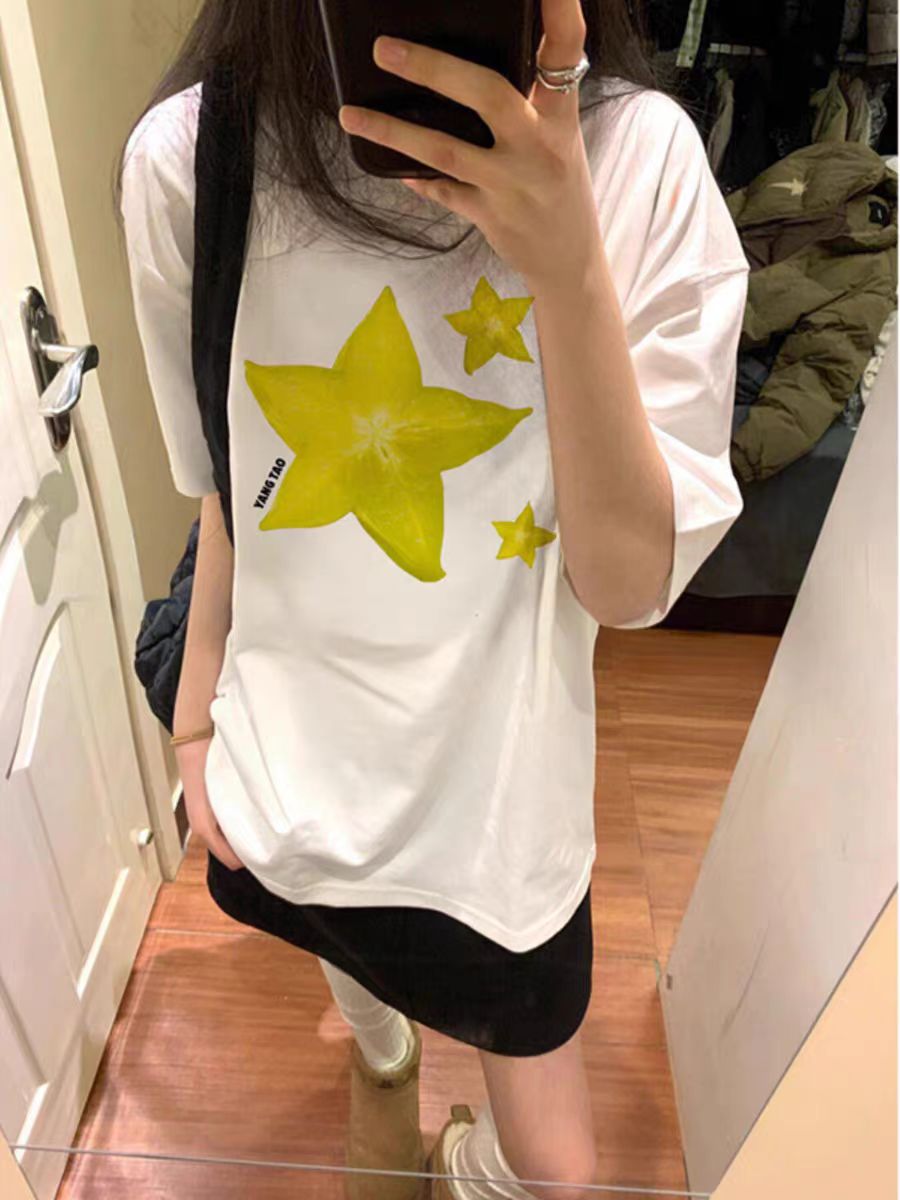 200g combed and tight-fitting sprinkler, pure cotton backpack, spring and summer loose shoulder printed short-sleeved T-shirt