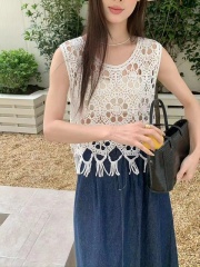 Tassel short suspender vest for women wearing 2025 new spring and summer hollow inner sleeveless vest top