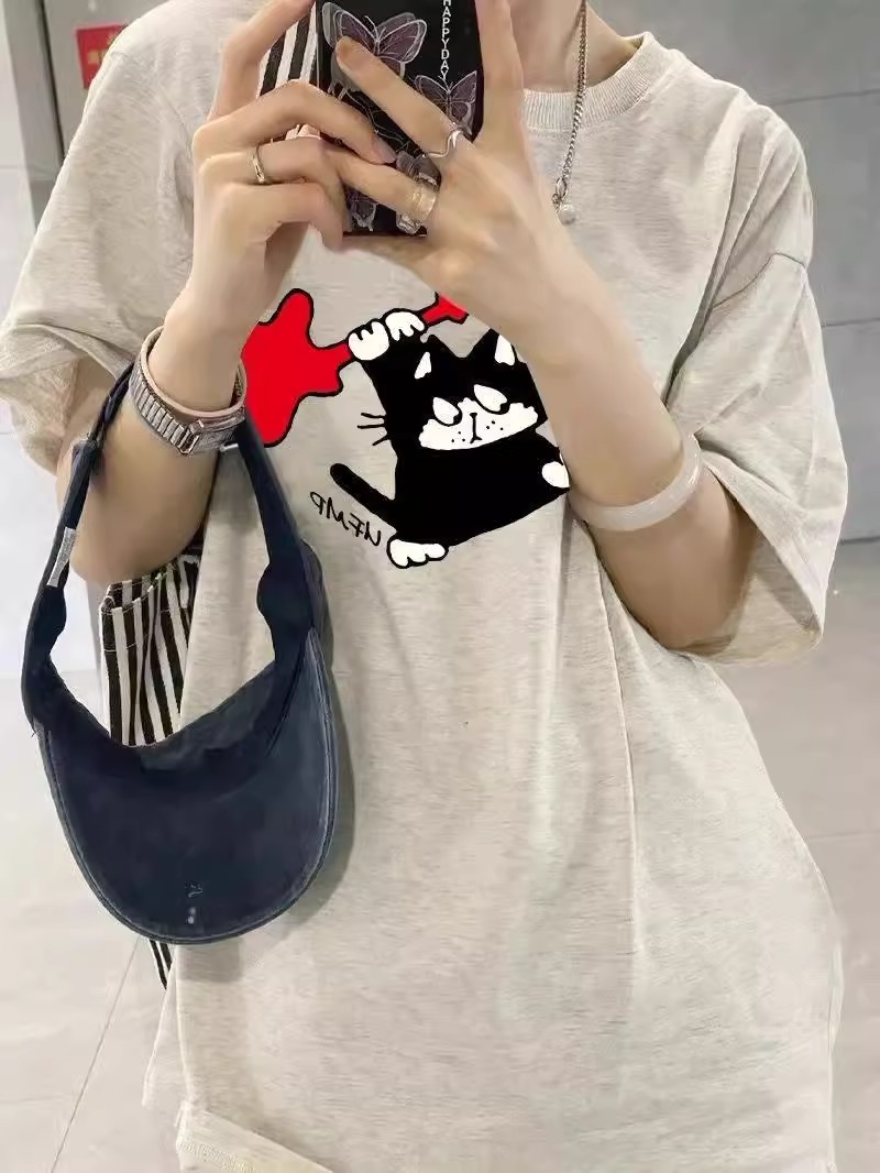 200g combed and tight-fitting sprinkler, pure cotton backpack, spring and summer loose shoulder printed short-sleeved T-shirt