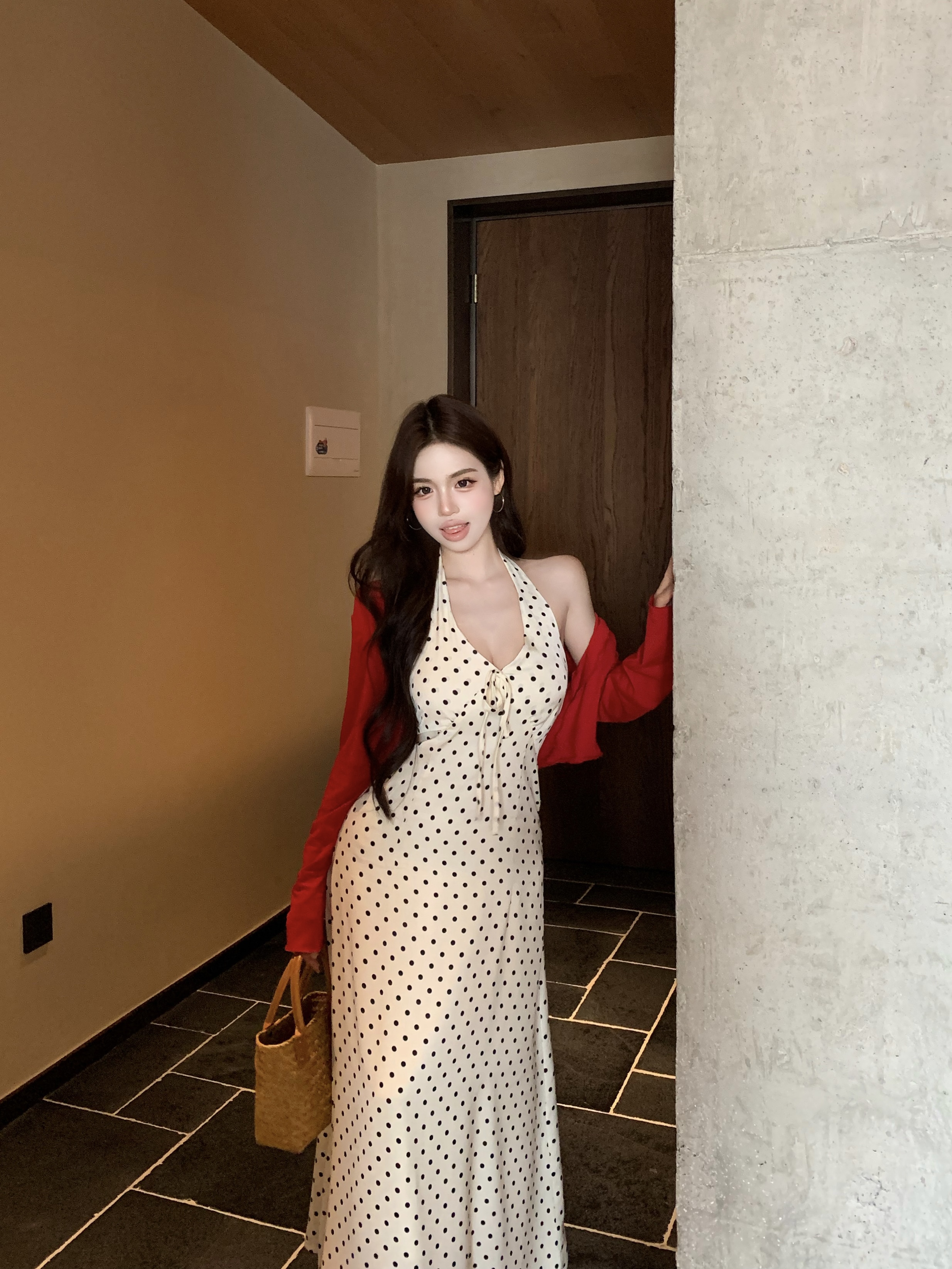 Real shot!  Polka Holiday French halter neck apricot polka dot dress for women retro red cardigan two-piece set