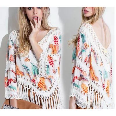 Tassel blouse Bohemian tops ethnic style cotton linen loose women's versatile small shawl flared sleeve hollow jacket