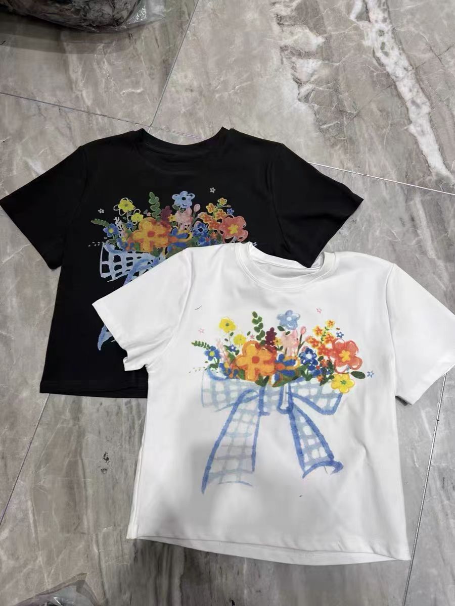 Printed front shoulder short-sleeved T-shirt for women in summer new niche American pure cotton slim T-shirt top