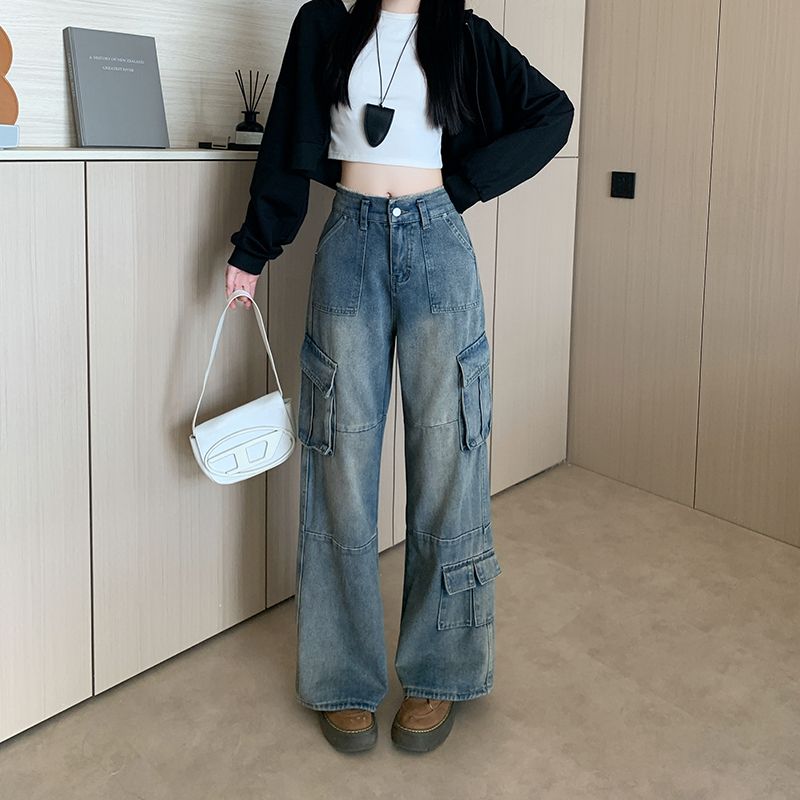 Real shot~ American high street multi-pocket work jeans for women's new high-waisted breasted versatile wide-leg pants