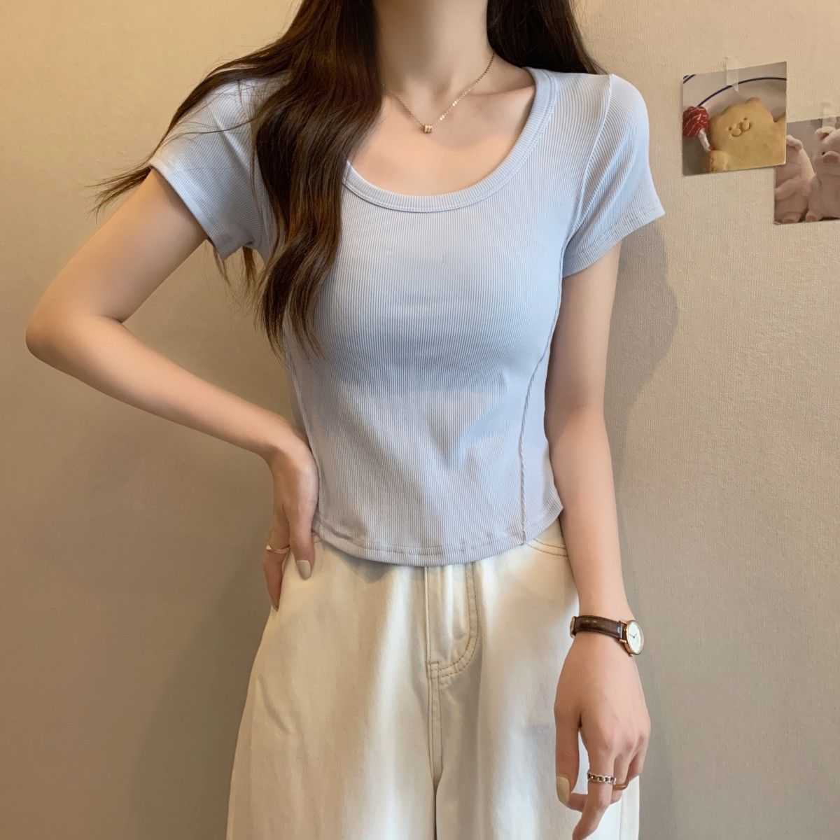 韓國外貿原版新款不規則u領短袖t恤女夏季韓版修身高腰短款上衣