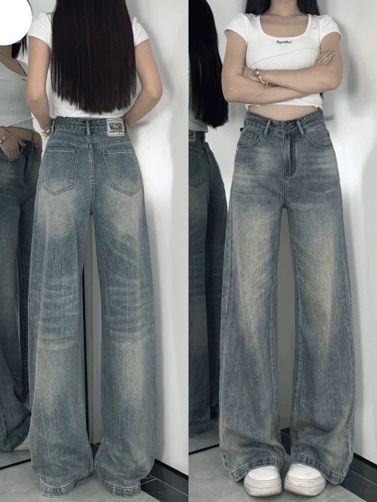 American retro wide-leg jeans for women in spring and autumn style, high waist loose and lazy style, drooping, not against the legs, slightly flapping, floor pants
