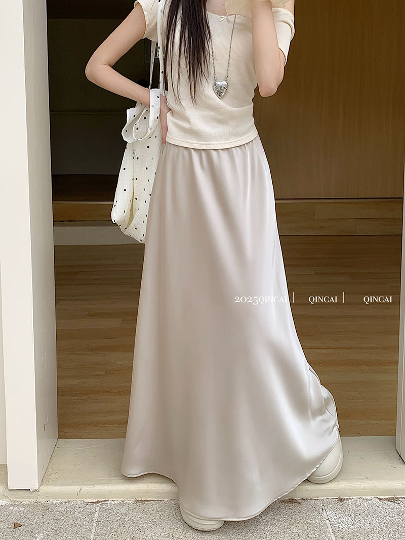 Real shot~2025 new Korean satin skirt draped and slim A-line skirt versatile midi skirt women's skirt