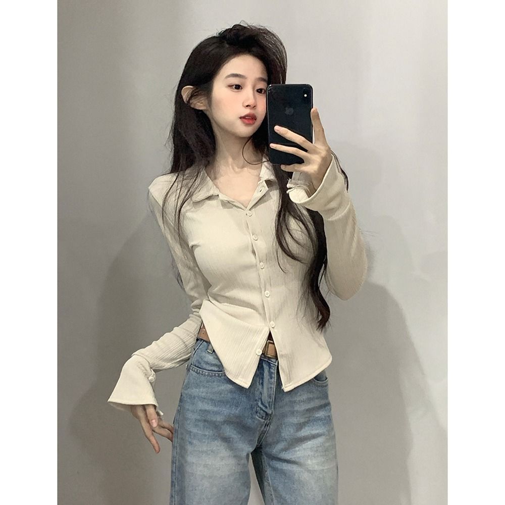 Imitation cotton pleated strips pure polo collar long-sleeved T-shirt for women's spring and autumn design sense hot girl slim base shirt