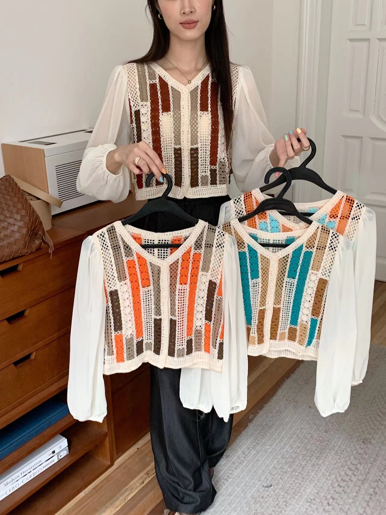 Knitted spliced ​​puff sleeve shirt for women with early autumn new French gentle style chic top