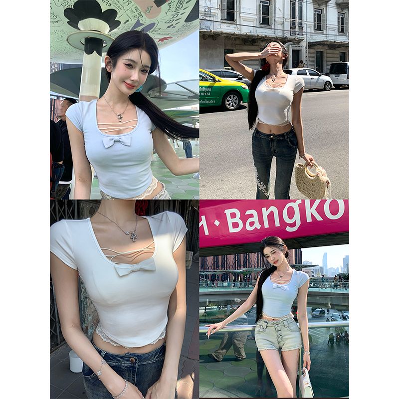 260g two-color base shirt top for women in spring and summer 2025 new style short-sleeved T-shirt with waist pinching chest